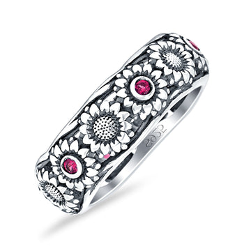Sunflower Oxidized Statement Wedding Band Ruby CZ 925 Sterling Silver Wholesale